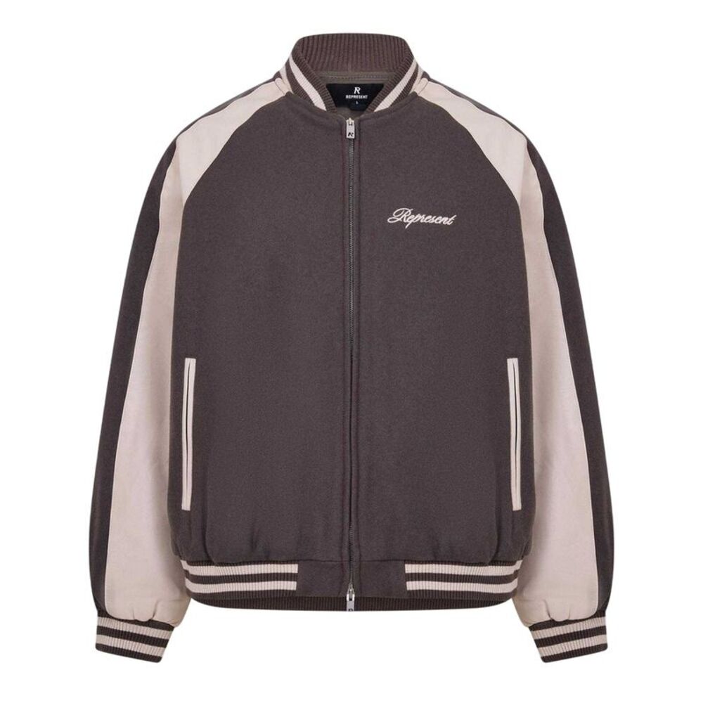 Represent Mens Embroidered Logo Snap Varsity Jacket / Stone